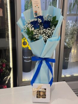 Blue Rose Bouquet Ferrero Chocolate Customized Box