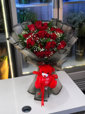 RED ROSE BOUQUET AND TEDDY