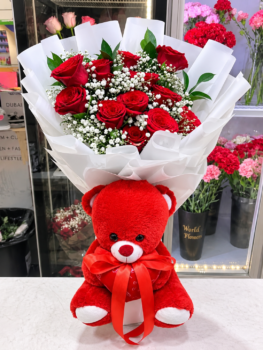 RED ROSE BOUQUET WITH TEDDY
