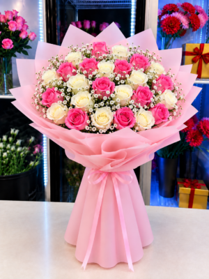 PINK WHITE ROSES BOUQUET - 25 ROSES