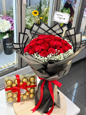 RED ROSES BOUQUET AND CHOCOLATE