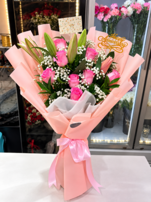 PINK LILLY ROSE BOUQUET - ANNIVERSARY FLOWERS
