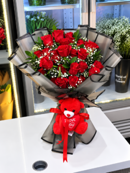 RED ROSE BOUQUET AND TEDDY