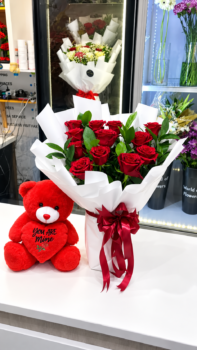 RED ROSE BOUQUET AND TEDDY