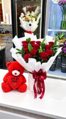 RED ROSE BOUQUET AND TEDDY