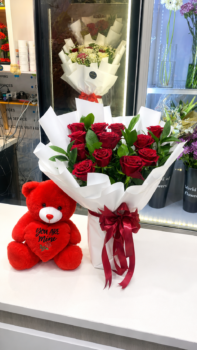 RED ROSE BOUQUET AND TEDDY