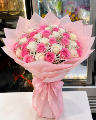 WHITE PINK MIX BOUQUET - 35 ROSES